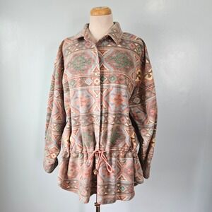 Vtg 90s Forenza Southwestern Geometric Drawstring Fleece Pastel Shacket Jacket L